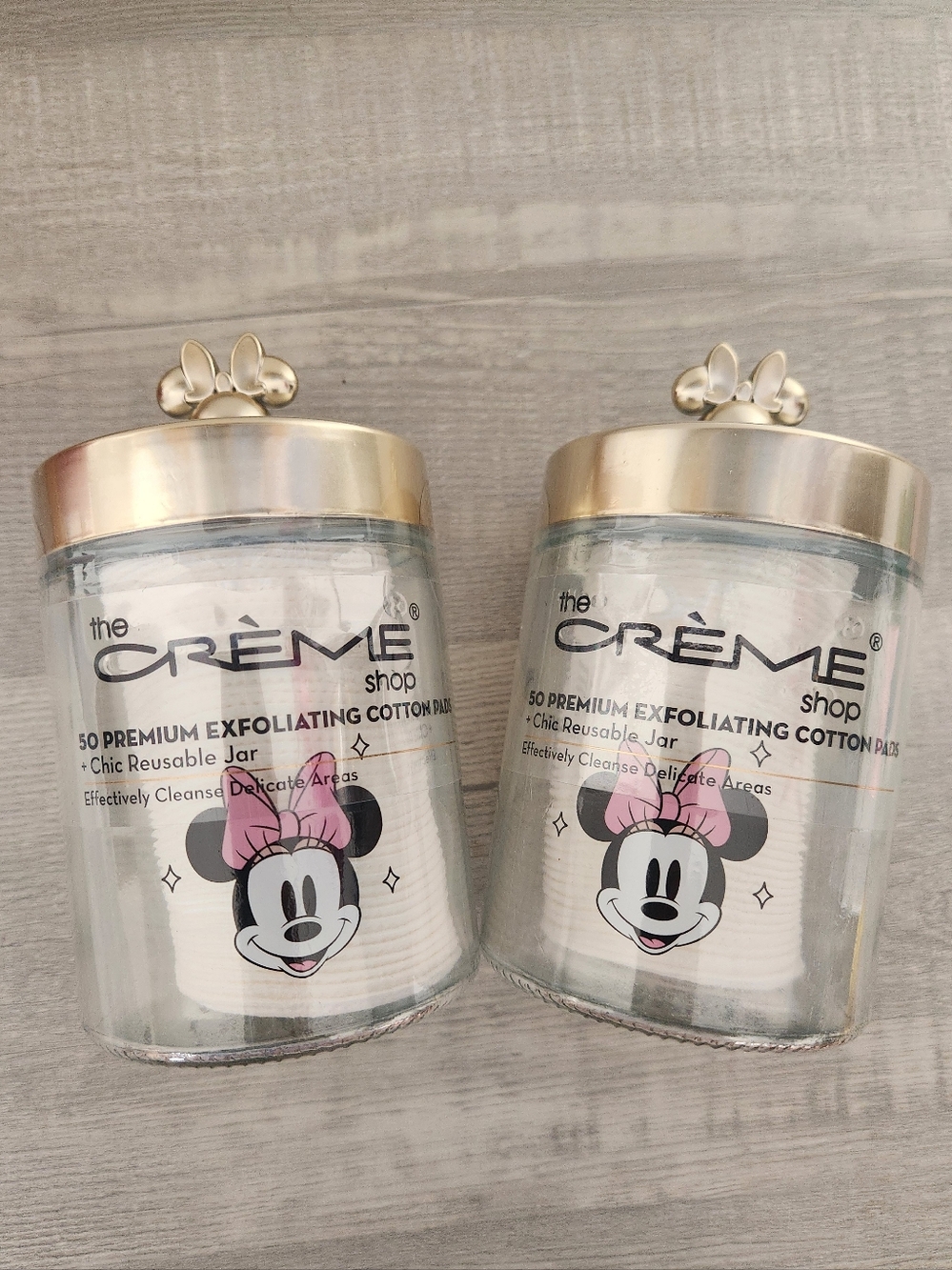 Disney Minnie Mouse Gold Lid Exfoliating Cotton Pad Jars 2 PACK- Pink Accents